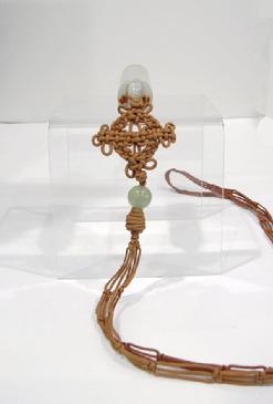 Antique Celadon Jade Plume Holder on Braided Silk Cord- Qing - Top View