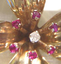 14K YG Ruby and Diamond Flower Brooch/Pin - 1930's - Closeup View