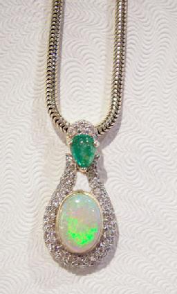14K YG Opal / Diamond / Emerald Pendant