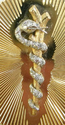 Vintage 18K YG Diamond Pendant - Caduceus Emblem - Closeup View