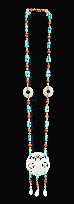 Turquoise, Coral and Agate Necklace with Carved Double Jade Prayer Wheel - Full Length View
