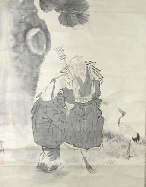 Meiji Period Jo and Uba Scroll -Takasago Closeup