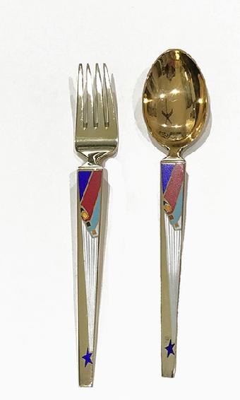 A. Michelsen Sterling Silver/Enamel Christmas Fork and Spoon-Wise Men From the East-1958