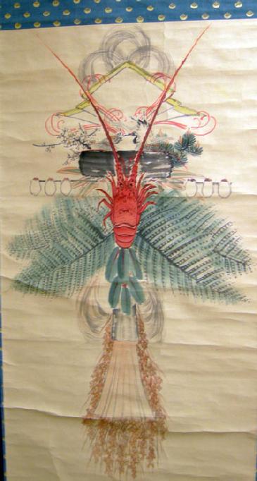 Large Antique Japanese SHIME-KAZARI (Sacred Straw Festoon) Hanging Scroll - Crawfish Closeup
