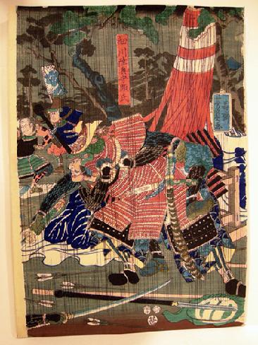 Japanese Woodblock Print 1859 Utagawa Yoshikazu Battle in the Rain