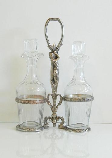 French Art Nouveau Figural Silverplated Cruet Set with Hand-Blown Matching Bottles - Reverse View