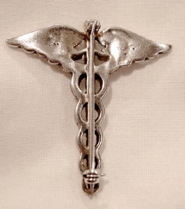 Antique Sterling Silver Caduceus Pin - Reverse View