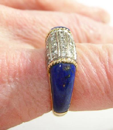 Vintage 14K YG Lapis Lazuli Diamond Ring - 1970's - Closeup View