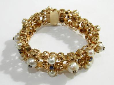 Vintage 14K Yellow Gold Pearl/Sapphire Bracelet - Estate -1950's-60's - Top View