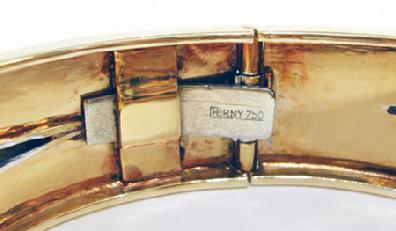 Art Deco 18K YG Platinum Trimmed Diamond Bangle/Cuff Bracelet - Signed Herny - View of Maker's Mark