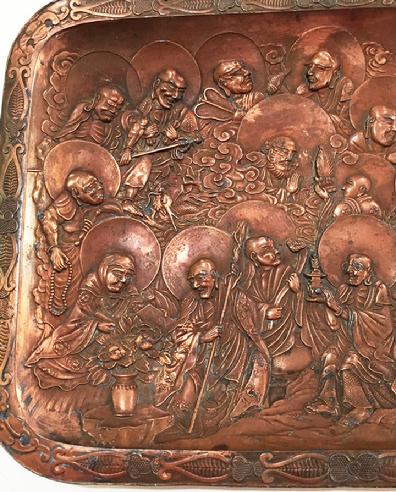 Antique Japanese Copper Over Metal Tray With Arhats - Closeup View 1