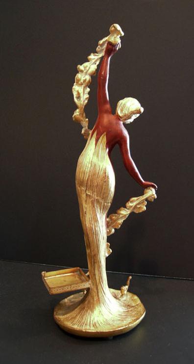 Large Art Nouveau Gilt and Painted Metal Figural Statue of a Maiden - Reverse View