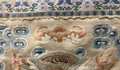 Fine Antique Chinese Hand-Embroidered Silk Framed Dragon Panel - Qing - Closeup View of the Bat at the Top