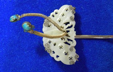 Beautiful Antique Chinese Silver and Celedon Jade Hairpin - Qing -Butterfly - Closeup Top View