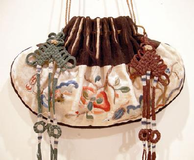 Qing Dynasty Embroidered and Couched Drawstring Purse - Signed - Closeup View