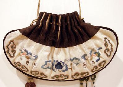 Qing Dynasty Embroidered and Couched Drawstring Purse - Signed - Reverse View Closeup