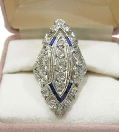 Art Deco Platinum, Diamond and Sapphire Dinner/Cocktail Ring - Closeup View