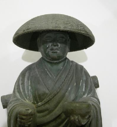 Fine Vintage Japanese Metal Kobodaishi Kukai Statue - Showa Period - Signed - Closeup of Face