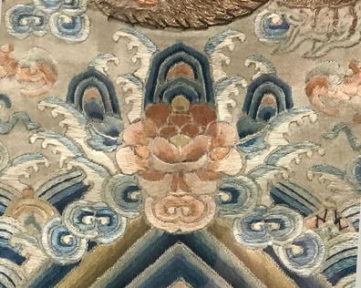 Fine Antique Chinese Hand-Embroidered Silk Framed Dragon Panel - Qing - Closeup View of the Lotus