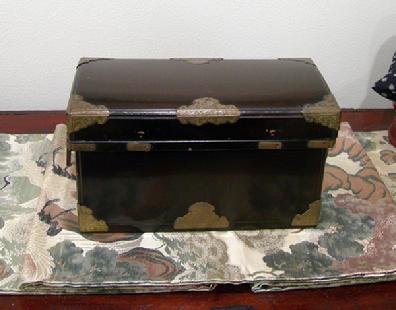 Antique Japanese Black Lacquer Nagamochi (Dowry Trunk) with Brass Mounts - Reverse View