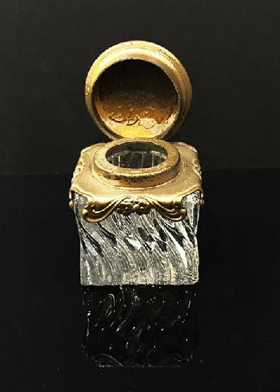 Antique Art Nouveau Covered Swirled Glass and Gilt Metal Inkwell with Hinged Lid - c. 1900 - Open Top