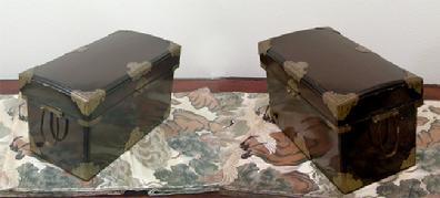 Antique Japanese Black Lacquer Nagamochi (Dowry Trunk) with Brass Mounts - Left and Right Views