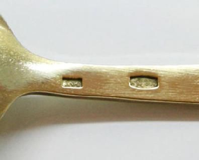 Vintage Pair of Russian Gilt Silver Enamel Spoons -Blue and White with Tall Ships - Russian Hammer & Sickle in Star Mark/875 Silver Mark and Maker's Mark