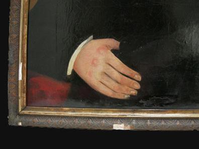 Antique Folk Art Self-Portrait Oil Painting - 1854 - J. Vick - Closeup View of Hand and Frame