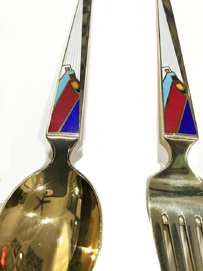 A. Michelsen Sterling Silver/Enamel Christmas Fork and Spoon-Wise Men From the East-1958-Closeup View