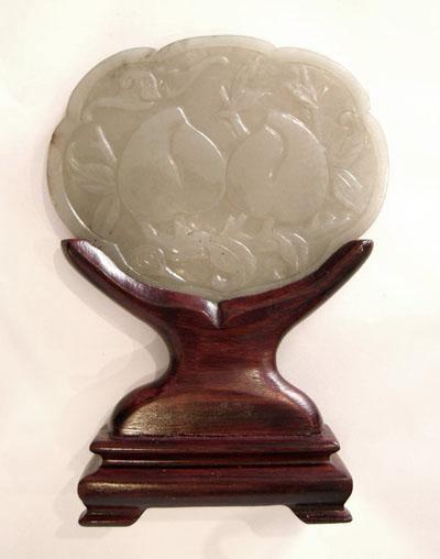 Antique Carved Jade Double Peach Placque with Rosewood Stand