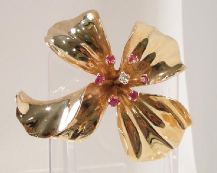 14K YG Ruby and Diamond Flower Brooch/Pin - 1930's