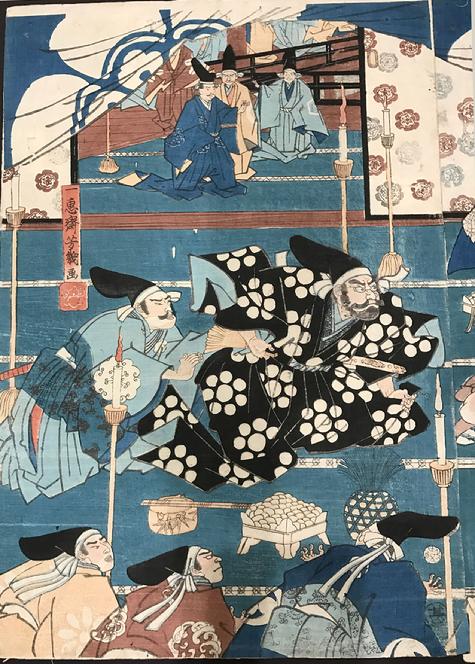 Antique Japanese Oban WoodblockTriptych- Yoshiiku - 1860 - Left Panel