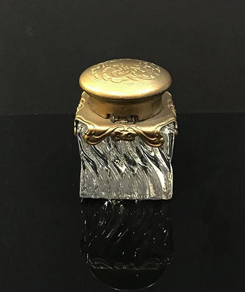 Antique Art Nouveau Covered Swirled Glass and Gilt Metal Inkwell with Hinged Lid - c. 1900 - Reverse View