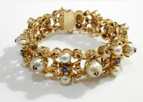 Vintage 14K Yellow Gold Pearl/Sapphire Bracelet - Estate -1950's-60's