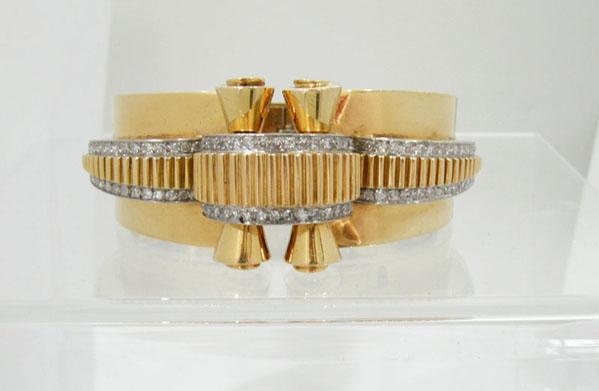 Art Deco 18K YG Platinum Trimmed Diamond Bangle/Cuff Bracelet - Signed Herny