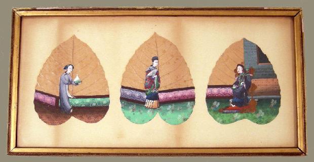 Antique Chinese Export Leaf Paintings- Three Leaves Framed
