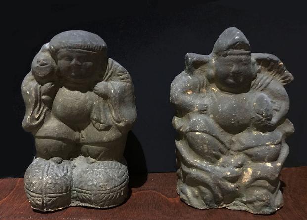 Antique Japanese Clay/Ceramic Figures of Ebisu and Daikoku, the Japanese Gods of Wealth and Good Furtune