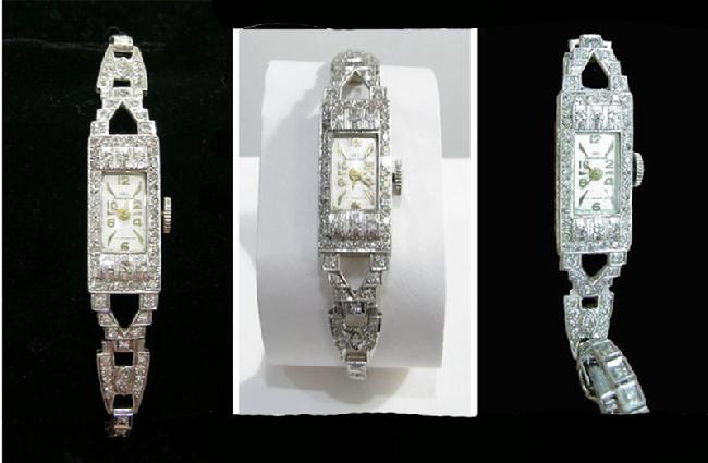 Ladies Art Deco Wakmann Platinum and Diamond Watch - Various Views