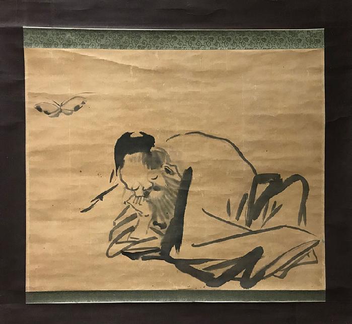 Fine Antique Japanese Hanging Scroll (Kakejiku) - Chuang Tzu and the Butterfly- Closeup View