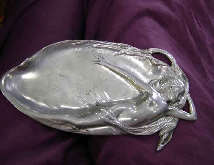 Art Nouveau Pewter Calling Card or JewelryTray with Reclining Nude 