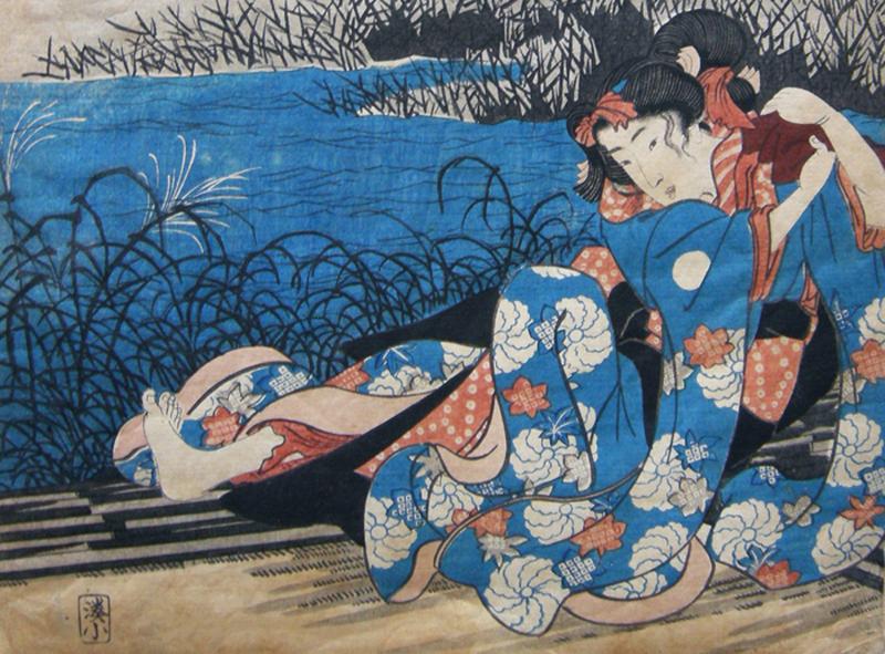 Antique Japanese Woodblock Print - Woman By a Riverbank - 1837 - Utagawa Kuniyoshi- Closeup of the Beauty