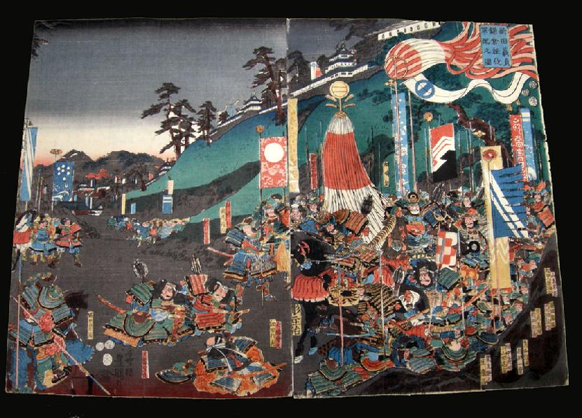Antique Japanese Woodblock Print Diptych- Toyokuni III/Utagawa Kunisada - 1852 - Battle Scene
