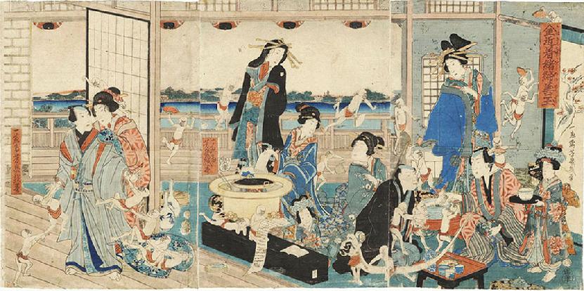 Antique Japanese Woodblock Oban Tate-e Comical (Giga-e) Print Triptych- Yoshiiku Utagawa-1860