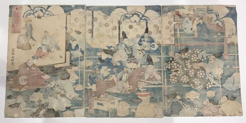 Antique Japanese Oban WoodblockTriptych- Yoshiiku - 1860 - Reverse View